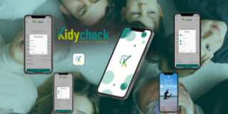 Image d'un téléphone avec le logo de l'application Kidycheck sur un fond de visages d'enfants